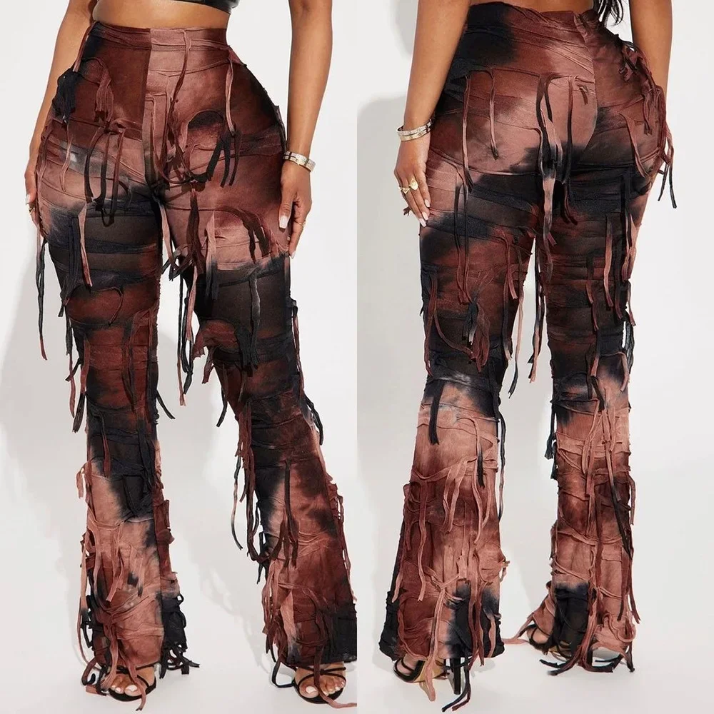 Leosoxs Fashion Women Tie Dye Printed High Waist Drawstring Tassel Flare Pants 2024 Summer Chic Stretch Legging Wide Leg Trouser