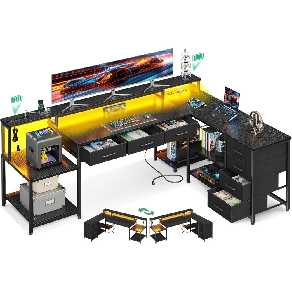 

L-Shaped Office Desk with 7 File Drawers, 2 Power Outlets & Monitor Shelf, Storage Shelves, LED Light. Reversible Gaming Desk