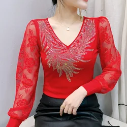 2025 Spring Autumn Long Sleeved V-Neck Women's T-Shirt Elegant Slim Hot Diamond Lace Tops Elegant Slim Mesh Shirts