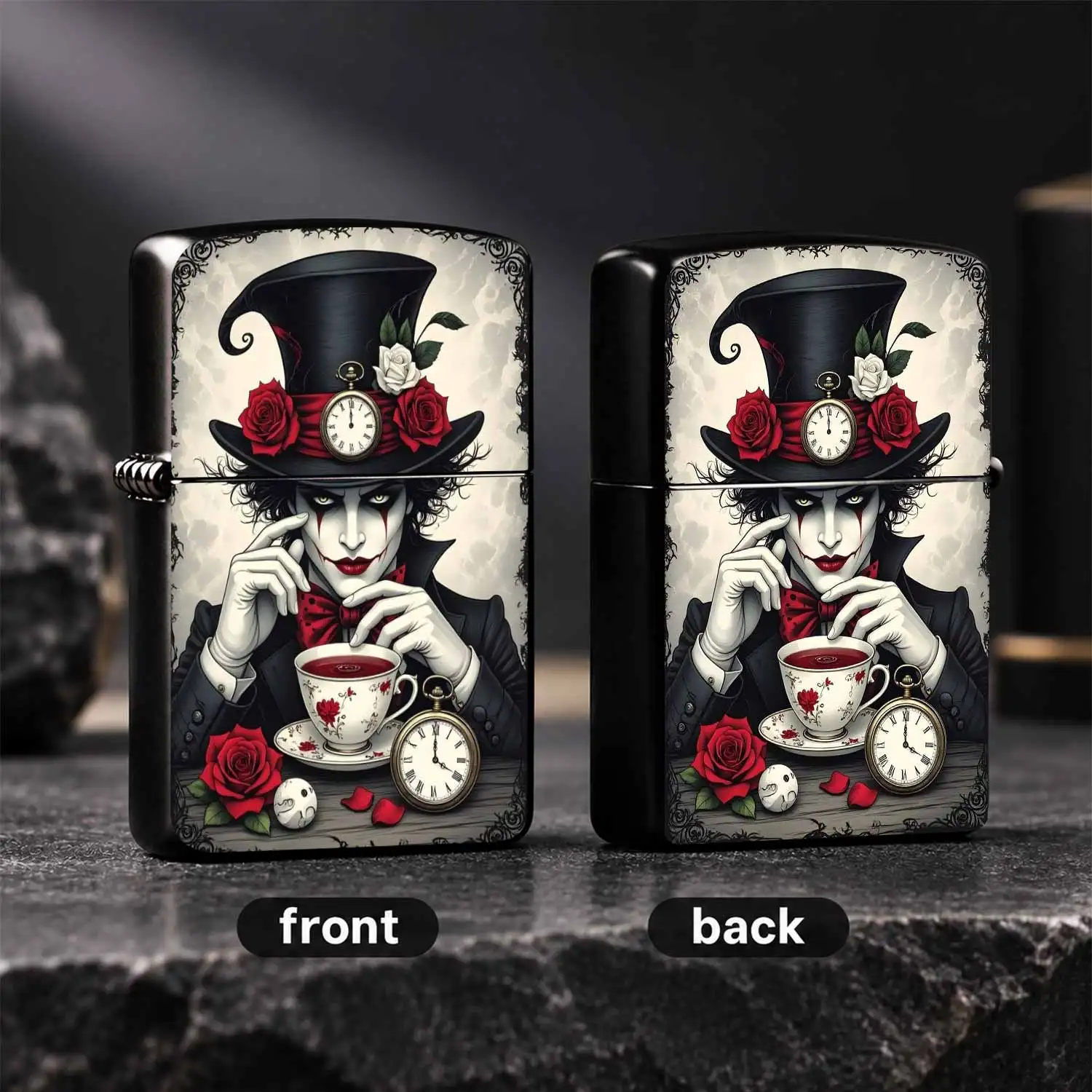 Dark Gothic Inspired Lighter Themed Art Piece With Red Roses Pocket Watch Pattern Exquisite Decorative Accessory For Daily Use Gifting All Scenes Suitable Unique Stylish Portable Ornament For Art Lovers Fantasy Aesthetic Decor Item A Humoro