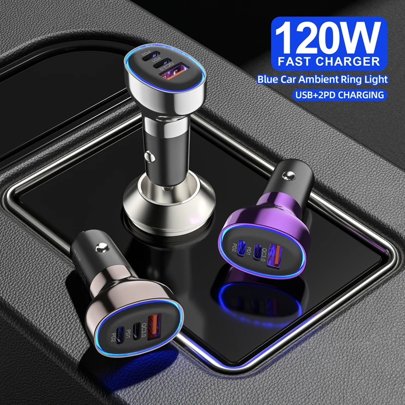 60w Fast Charging Electroplated Blue Light Car Charger Acc Multi Port Car Charger Cigarette Lighter Conversion Plug 2025
