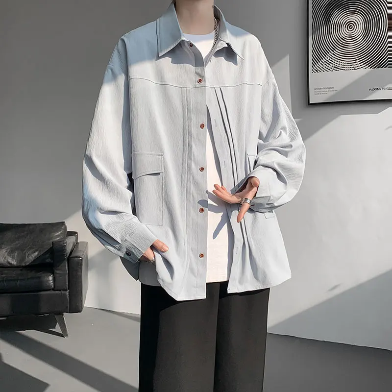 M-XXXXXL Solid Color Long Sleeve Casual Shirt Single Breasted Pocket Loose Fit Blouse Spring Autumn Top Streetwear Clothing Men