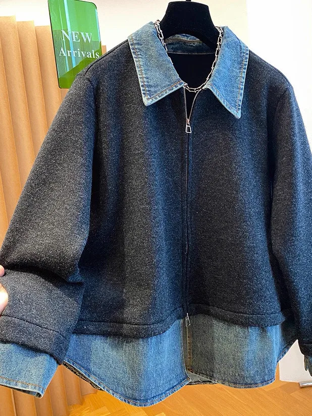 

plus Size Denim Patchwork Sweatshirt Jacket Women's Autumn Winter Thickened Double Zipper Collar Jacket Fake Two-Piece Outerwear