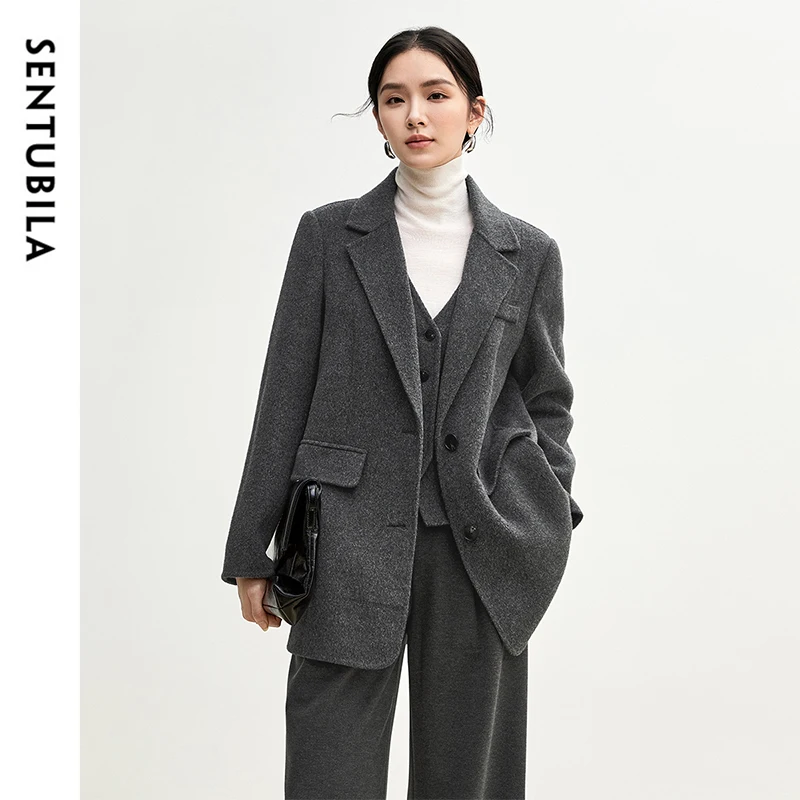 SENTUBILA 100% Woolen Coat for Women 2024 Winter Straight Double Sided Office Lady Work Business Texture Warm Suit W44O56271