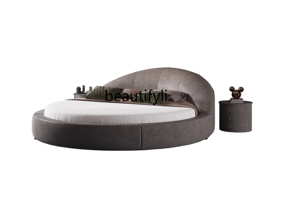 

Faux Leather round Double Bed Luxury Master Bedroom round Marriage Bed Hotel Senior Romantic Princess BedAsmt09