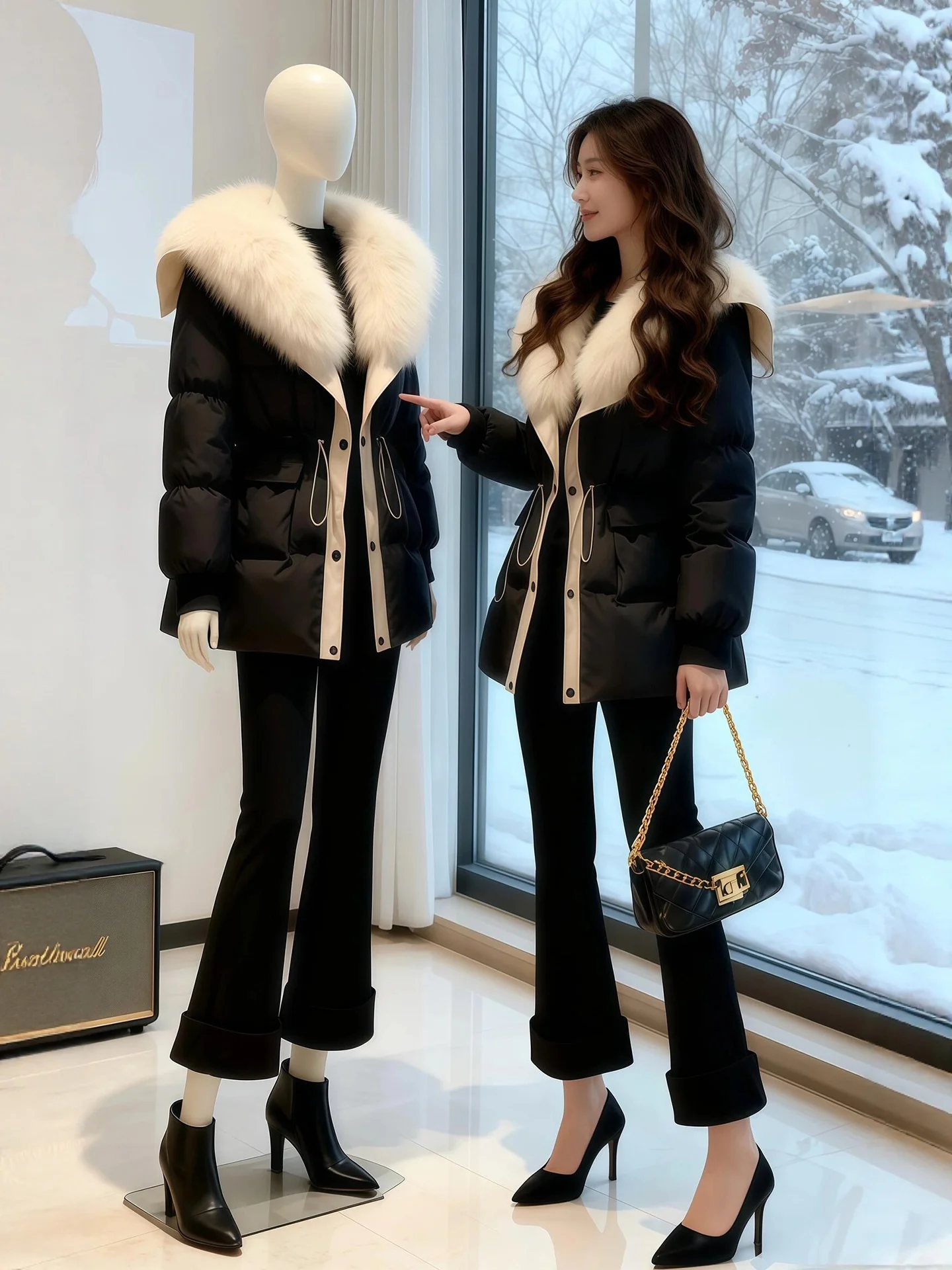 

Bla Large Fur Collar down Cotton Jaet Women Winter plus Size Sli Super Warm Mid-Length Cotton Clothes