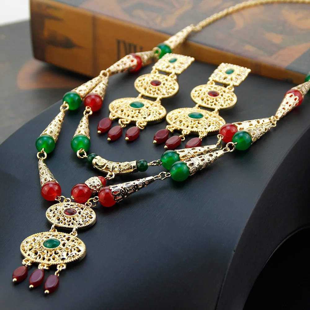 Sunspicems Chic Algeria Jewelry Hand Bead Chain Necklace Drop Earring for Women Natural Stone Arabic Bride Wedding Jewelry Sets