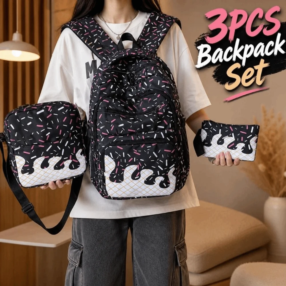 3PCS Stylish Ice Cream Print Backpack Set Lightweight Spacious School Backpack Waterproof Durable Printed Schoolbag Campus