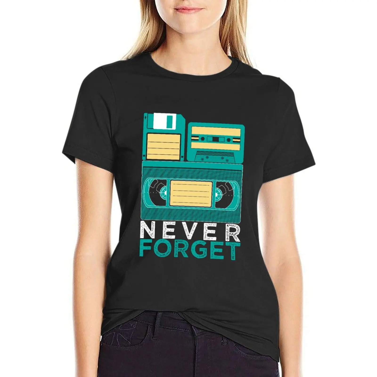 Never Forget VHS cassette Eighties Retro disc T-Shirt vintage clothes tees funny white t-shirt dress for Women sexy