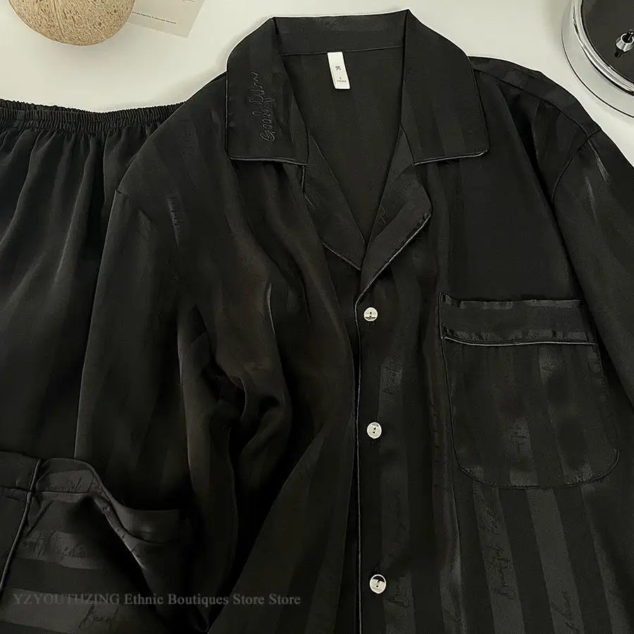 Men 2PCS Pajamas Set Loungewear Print Stripe Sleepwear Long Sleeve Trouser Suits Loose Silky Satin Home Clothes Night Wear 3XL - Image 4