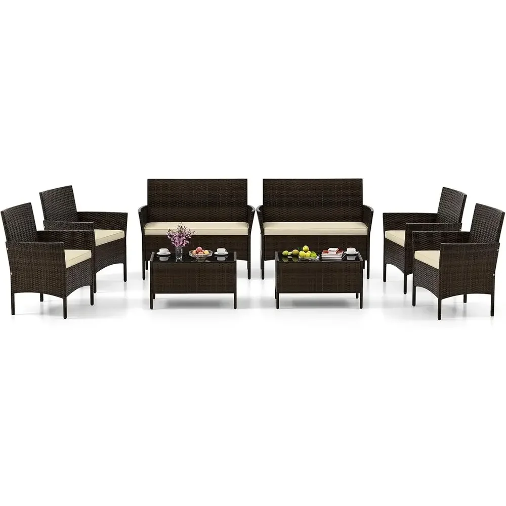 

8-Piece Outdoor Rattan Patio Furniture Set with Loveseat Chairs and Tempered Glass Coffee Table for Backyard, Garden, and Poolsi