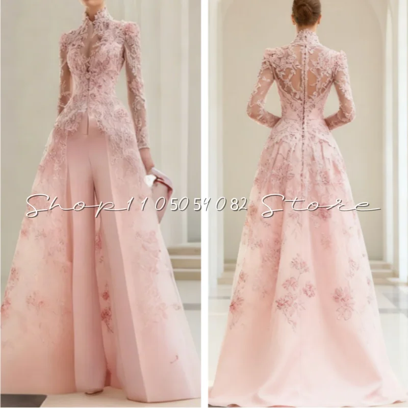 Customized Pink Lace Floral Pantsuit Evening Dresses High Neck See Through Sense Long Sleeve Trailing Straight Pantsuit Prom Dre