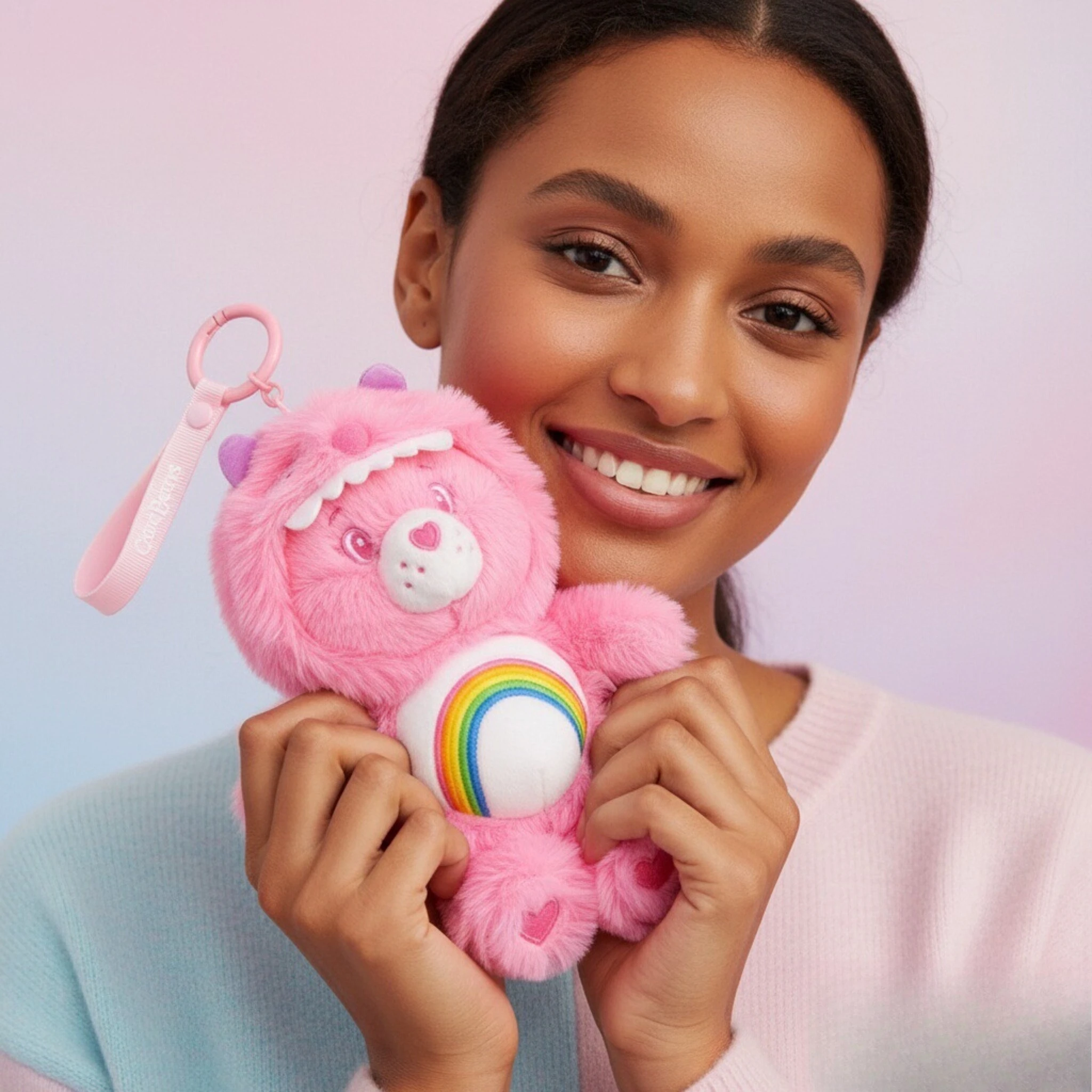 

Genuine Carebears Plush Rabbit Hat Keychain Rainbow Bear Doll Keychain Girl Birthday Gift