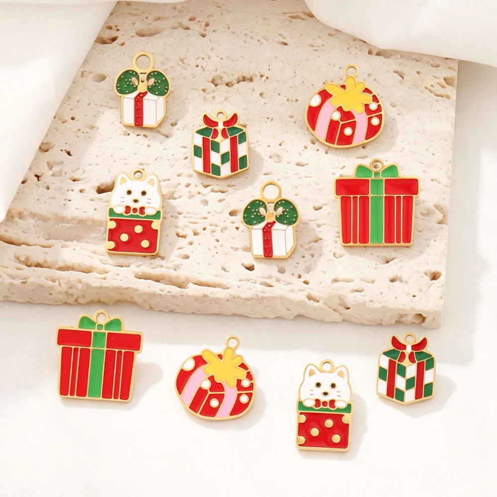 1Set（49pcs） Stainless Steel Enamel Snowman Santa Claus Christmas Charms Findings Gold Color Pendant Jewelry Making Accessories
