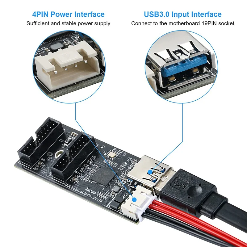 بطاقة محول ذكر USB 3.2 Gen1 إلى Dual 19PIN مصنوعة بشكل جيد، بطاقة توسيع USB3.0 إلى 2 منفذ 19PIN لنظام التشغيل Windows7/8/10/11/Linux
