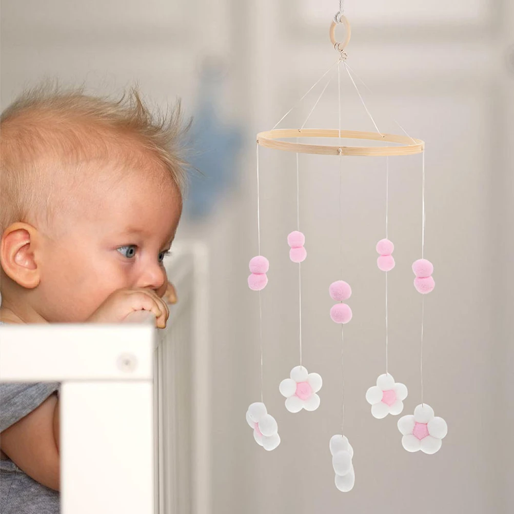 2 Piezas de Decoración para Cuarto de Bebé, Móvil de Cuna Estilo Nórdico Boho, Móvil Colgante de Madera con Pompones y Flores para Niñas, Juguetes para Cuna