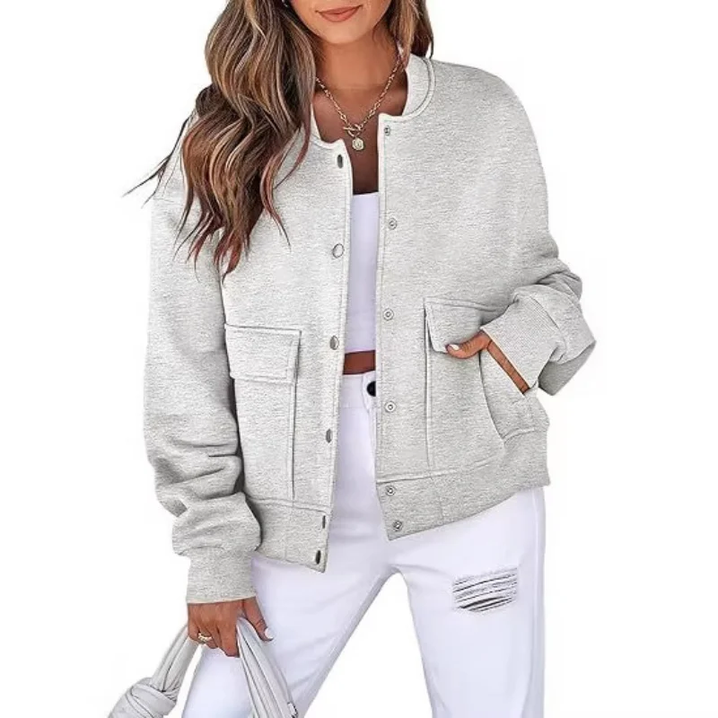 

Women's Autumn Fashion round Neck Threaded Double Pocket Short Jacket Casual Style