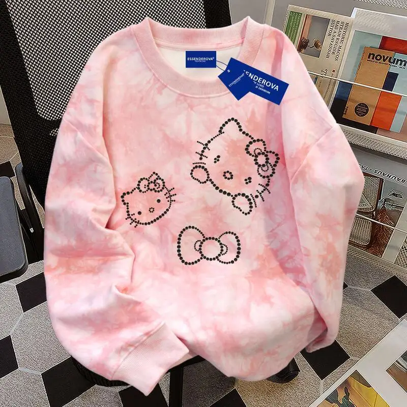 Gorąca Jesień Zima Nowa Damska Urocza Koszulka z Kreskówkowym Motywem Hello Kitty, Modna, Pluszowa, Ciepła, Luźna, Casualowa Koszulka Top