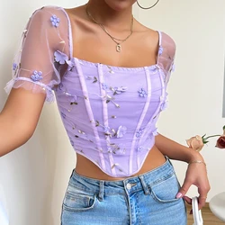 French Square Neck Tank Top Women's Elegant Blouse Short Bubble Sleeves Tops Embroidery Flower Corset Slim Camisole Vest T-shirt