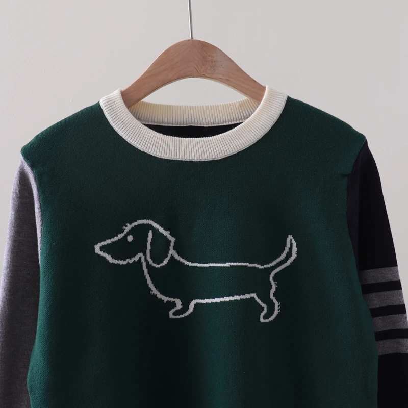 Autumn and Winter New TB Color Blocked Dog Jacquard Stripe Four Bar Round Neck Long Sleeve Knitted sweater with Bottom Sweater