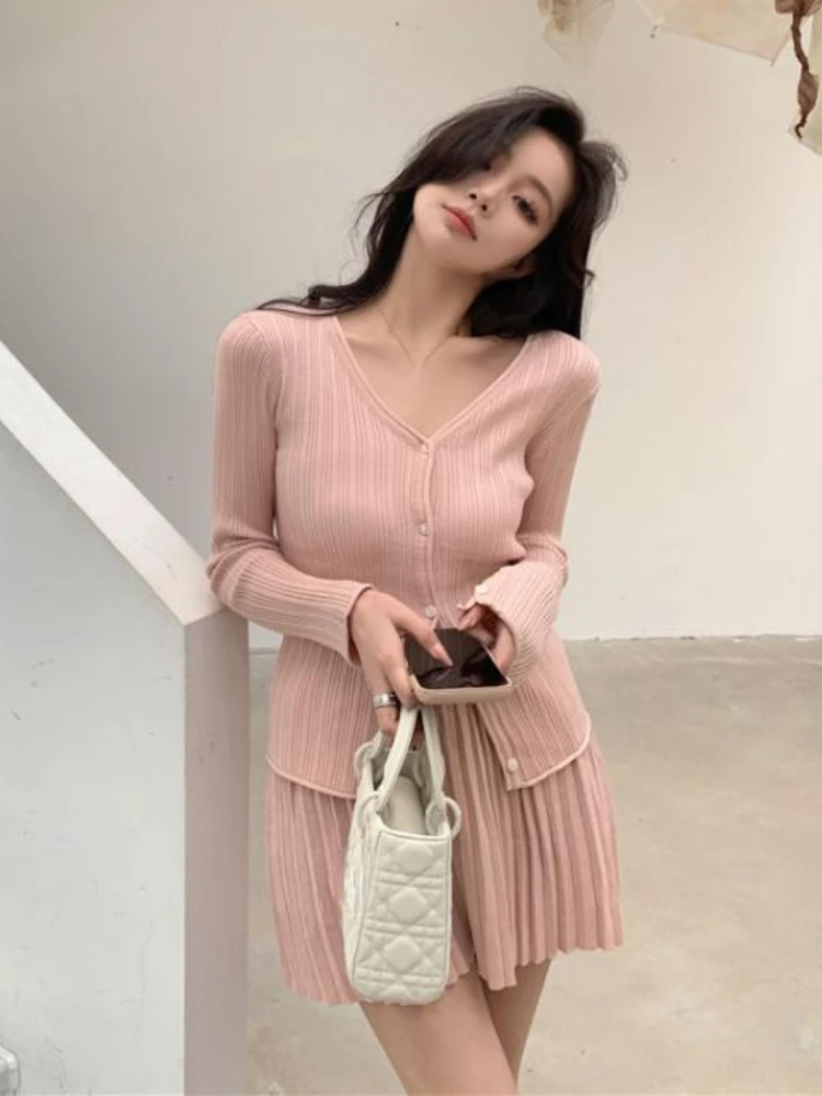 2023 Autumn Elegant Knitted Suit Ladies Casual Slim Blouse + Office Lady Sweet Mini Skirt Preppy Korean 2 Piece Set Women Outfit