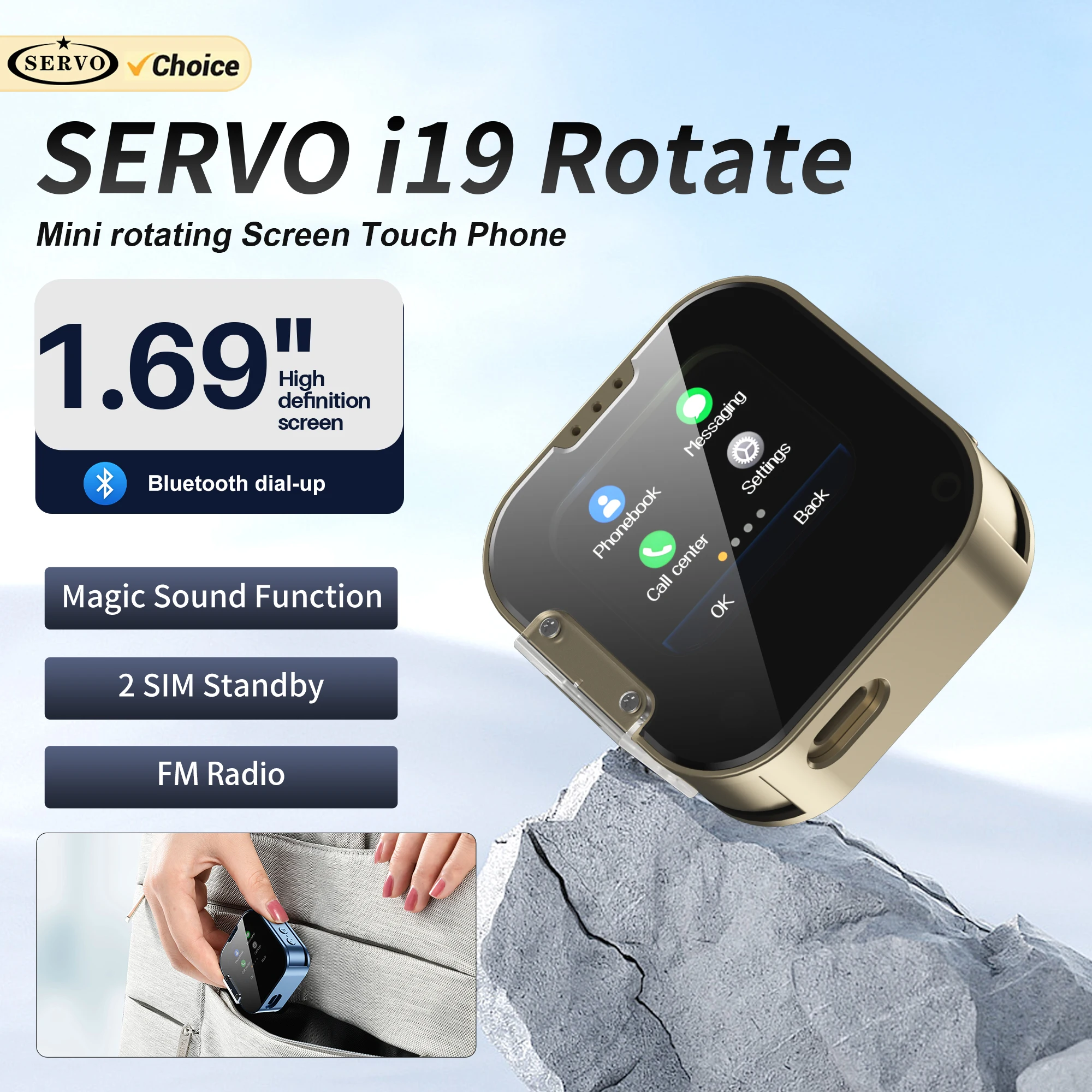 SERVO Mini Mobile Phone i19 ROTATE 2G GSM Dual SIM Standby Magic Voice Bluetooth Dial FM Touch Screen Small Feature Cellphones