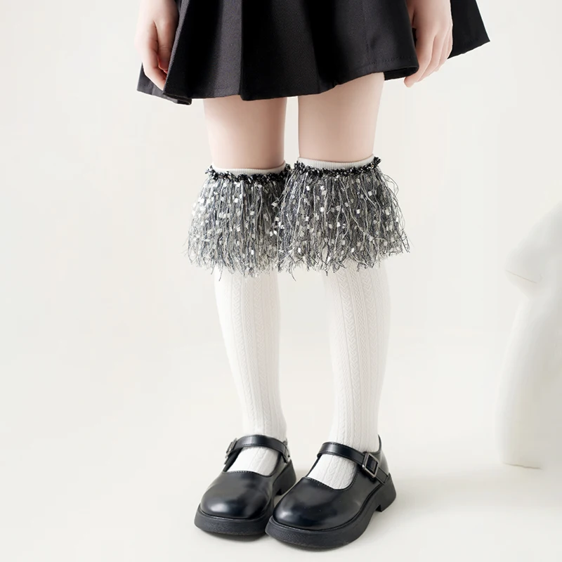 Elegant Girls Feather Yarn Tassel Trim Knee High Socks Heart Jacquard Pattern Anti Pilling Soft Elastic Lolita Princess Hosiery