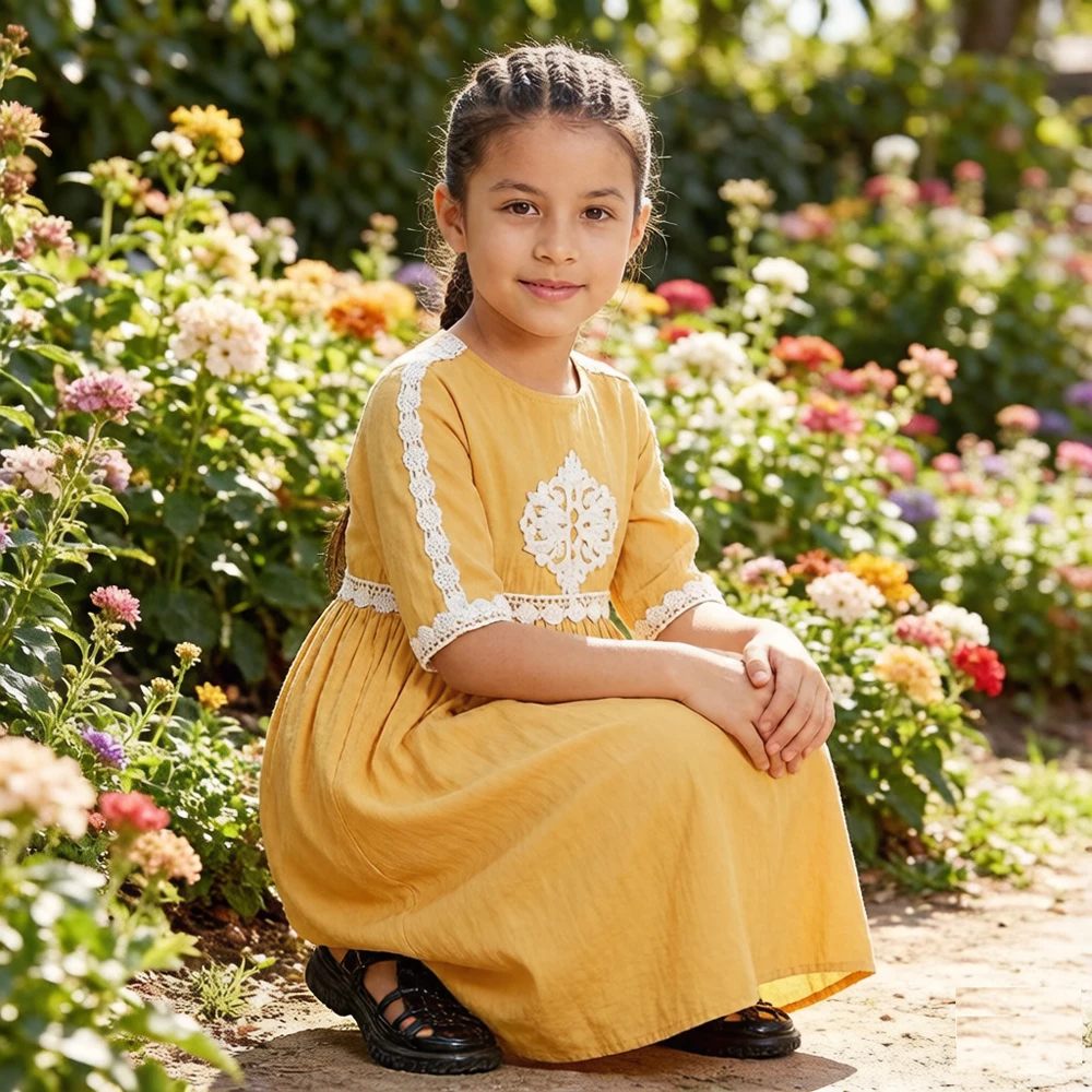 Vestido de Oração para Meninas Muçulmanas, Abaya de Manga Curta, Roupa Infantil Árabe de Dubai, Kaftan para o Ramadã, Vestido Islâmico para Festas de 