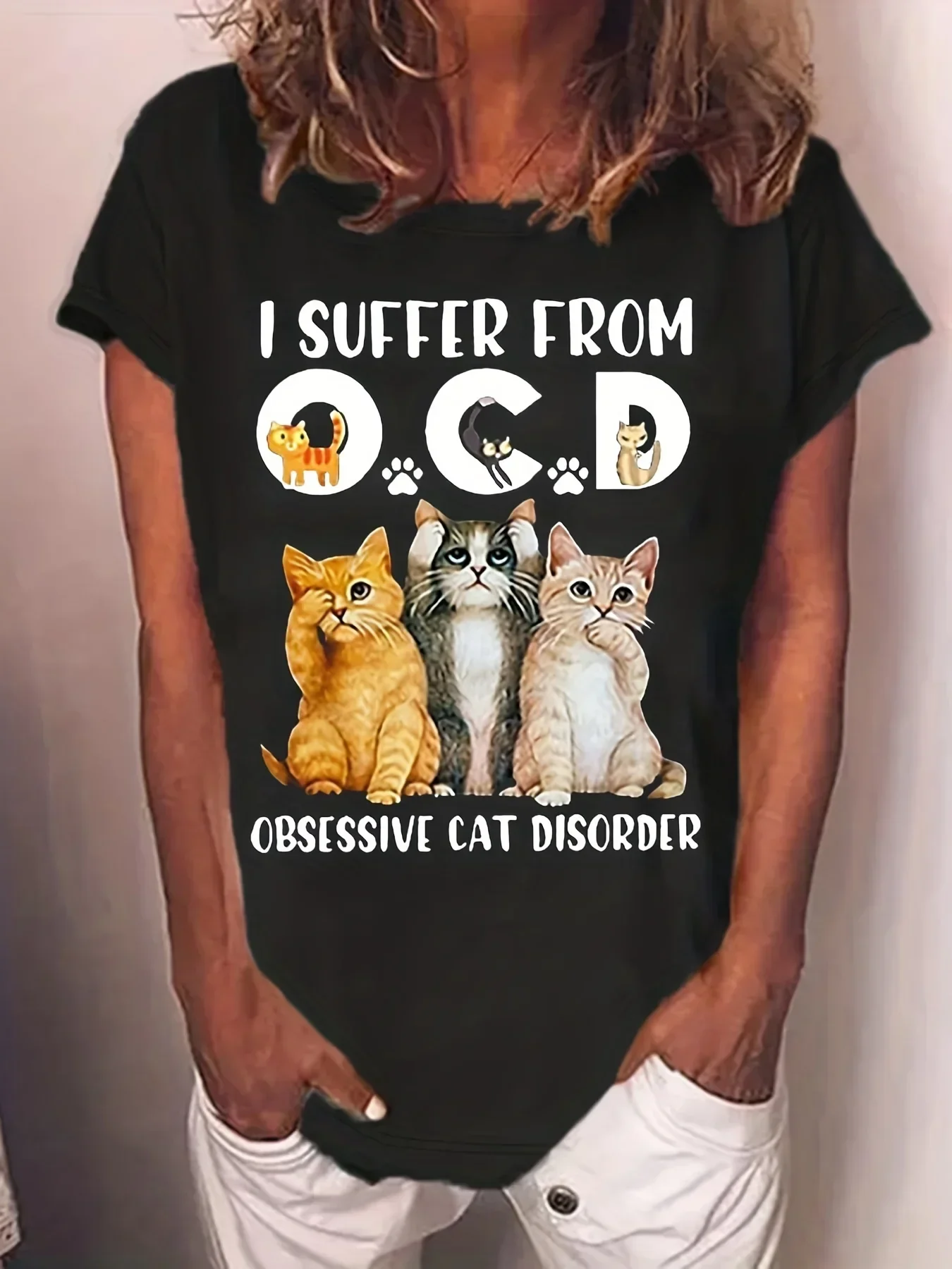 Cat & Letter Print Crew Neck T-Shirt, Casual Short Sleeve T-Shirt For Spring & Summer, Women\'s Clothing