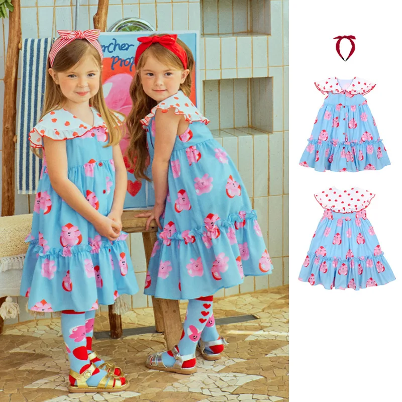 

Girls Dress 2025 Summer New Printing Fashion Heart Korean Version Of The Children's Dress Cotton Cute Sweet Lapel Princess Skirt
