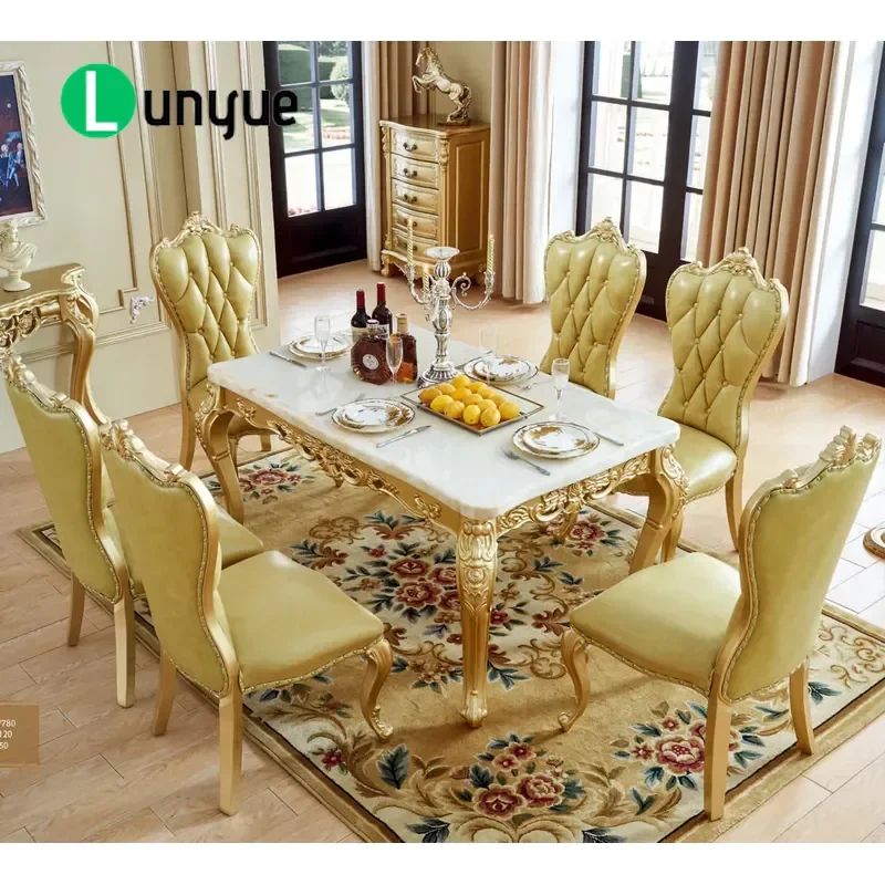 European Luxury Antique Square Dining Table Set Classic Carved Wood Marble Top With 6 Leather Chairs For Formal Dining Room