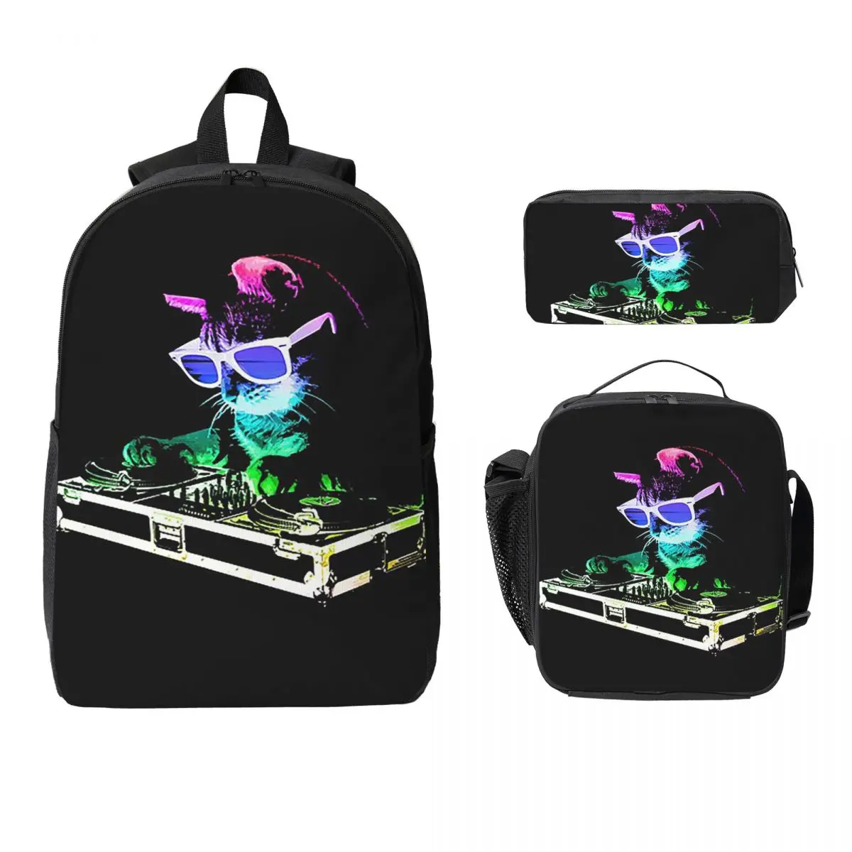 House Cat Rainbow Dj Kitty Backpack Student Boy Girl BookBag School Bag Laptop Shoulder Bags 3ps Insulated Lunch Bag Pencil Case