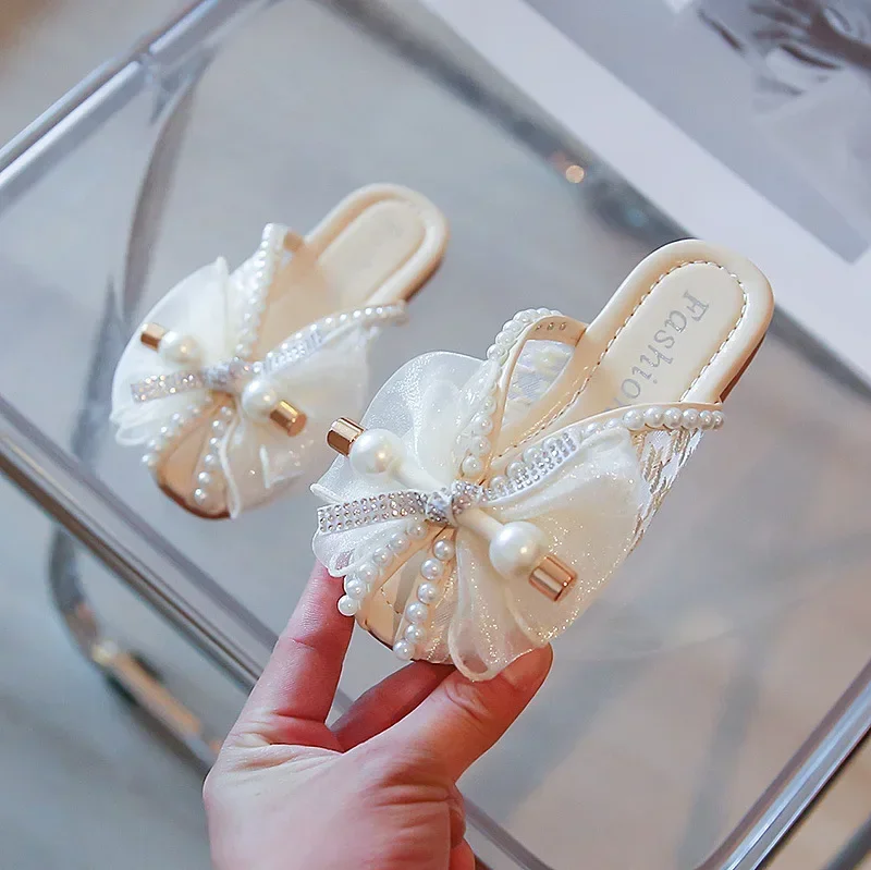 Pink Mesh Bow Pearl Open Toe All-match Slippers for Skirt 2022 Children\'s Fashion Sweet Princess Flat Casual Sandals for Girls