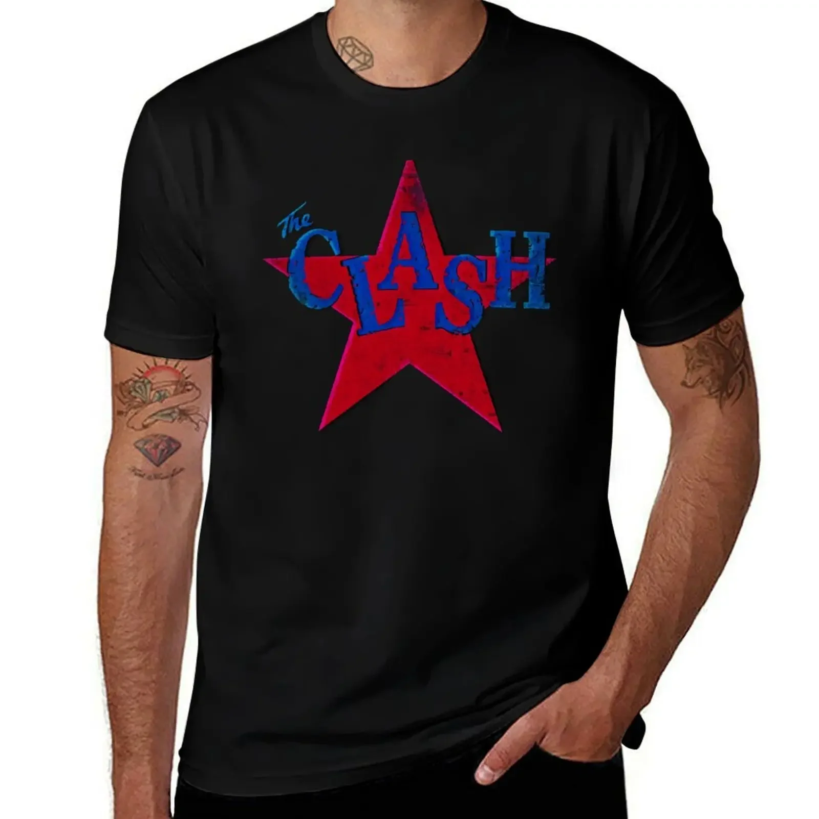 

the clash distressed offset star graphic T-Shirt blacks man clothes heavy weight t shirts for men