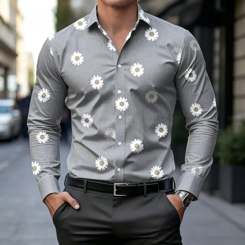 Men's Daisy Floral Print Long Sleeve Shirt Fashion Slim Fit Button Down Casual Blouse Tops