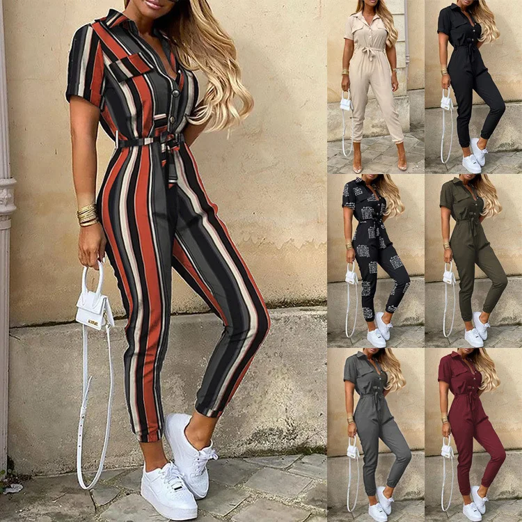Jumpsuit - Women's Casual Button-Up Jumpsuit with Printed Belt, Workwear Style