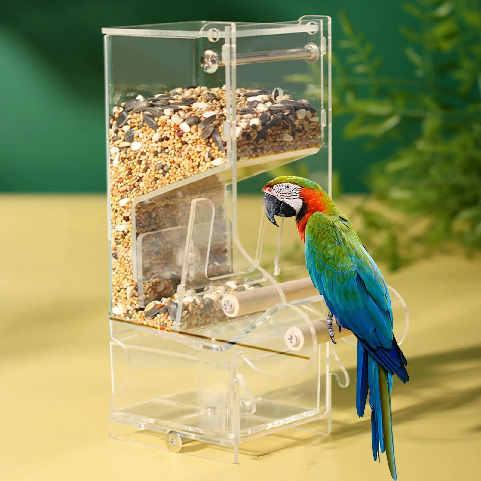 No Mess Bird Feeder Cage Hanging Food Dish Acrylic with Perch Pet Feeder for Lovebirds Canaries Conure Small to Medium Birds