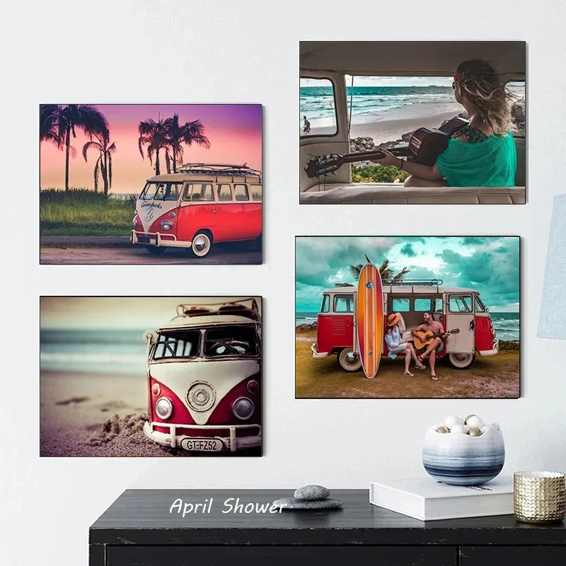 Nordic Camper and Surf Van Bus Posters Summer Travel Vacation Canvas Painting Prints Wall Art Picture for Living Room Home Decor