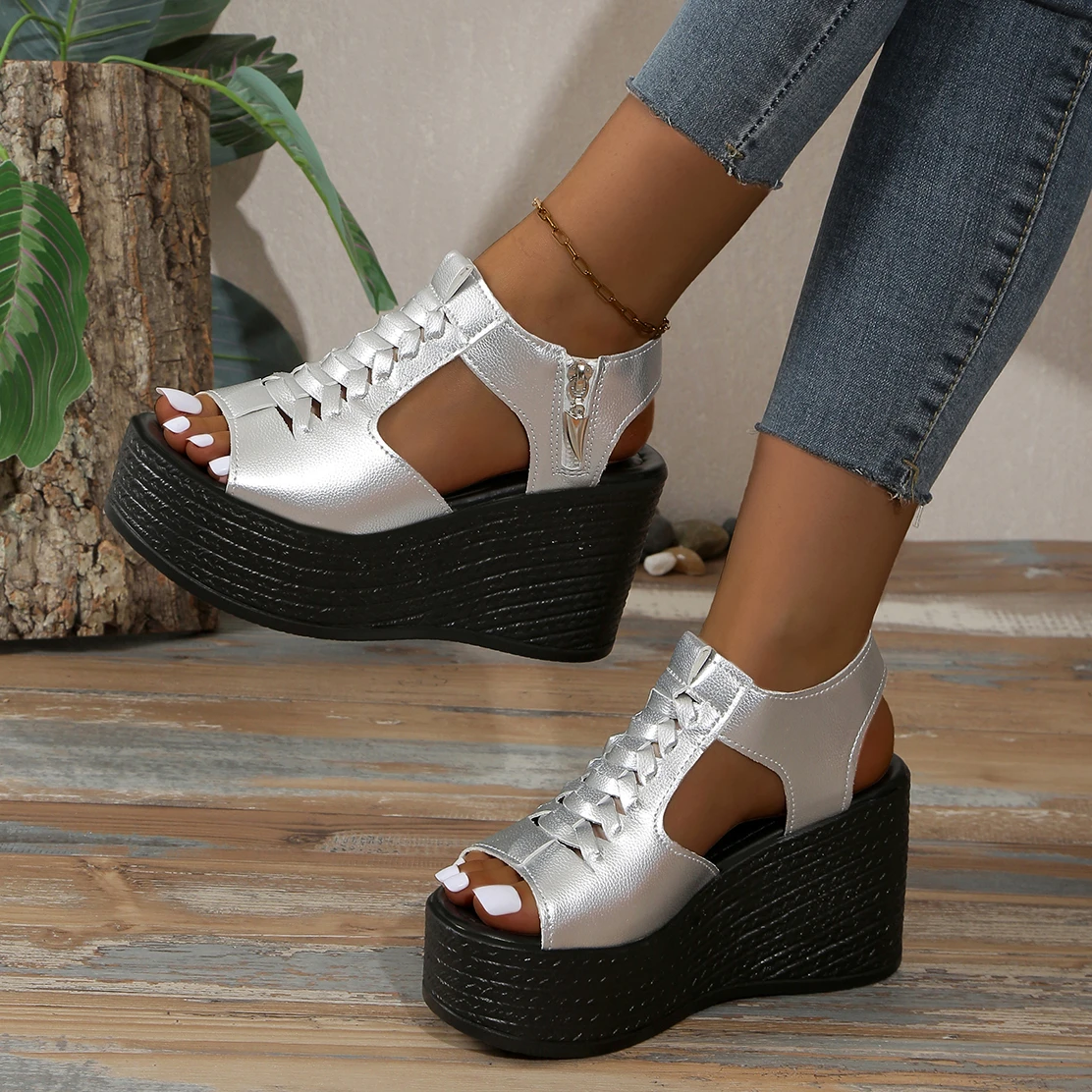 Women\'s Wedges Sandals High Heels Rubber Sandals for Women 2024 New Summer Ladies Shoes Solid Zipper Women Platform Sandals