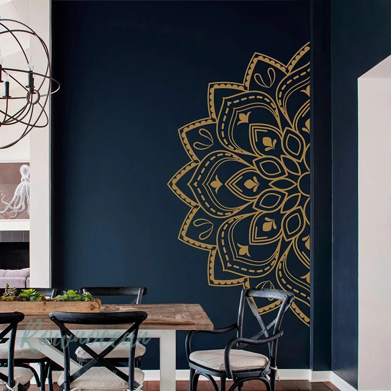 Mandala w połowie naklejka ścienna winylowe dekoracje do domu pokój Boho indyjska medytacja joga naklejki usuwalna samoprzylepna fototapeta złota G058