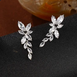 Bride bridesmaid marquise wedding earrings, cubic zirconia elegant floral drop earrings for wedding ball party