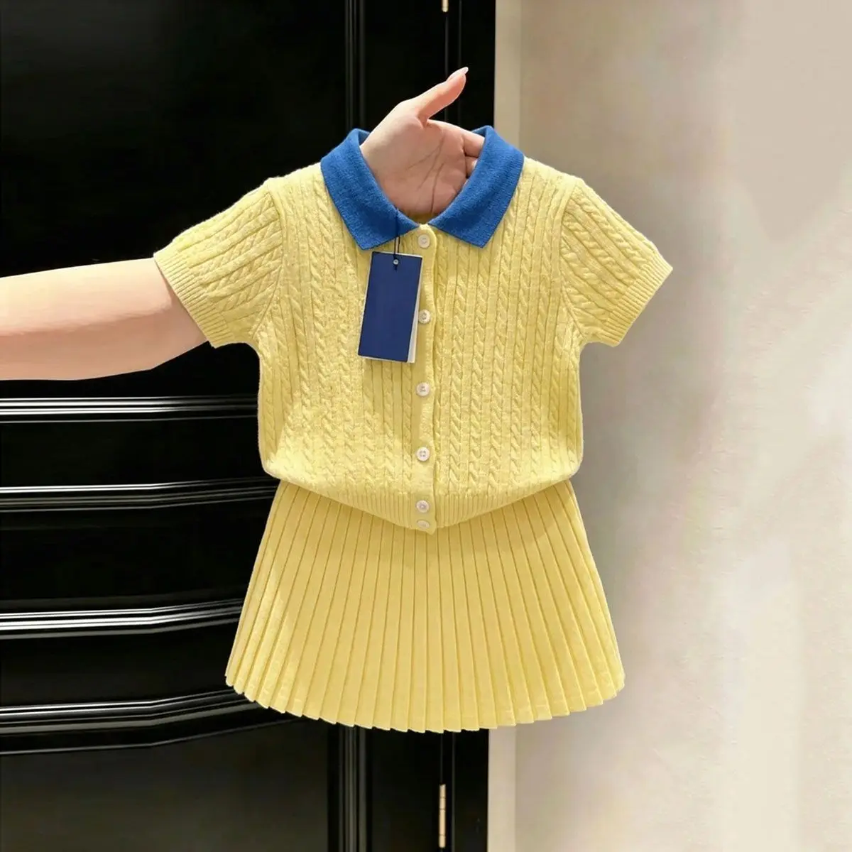 Girls Summer Set 2026 New Children Polo Shirt Skirt Set Kids Thin Knitted Short Sleeve Top Fashion 2-Piece Outfit