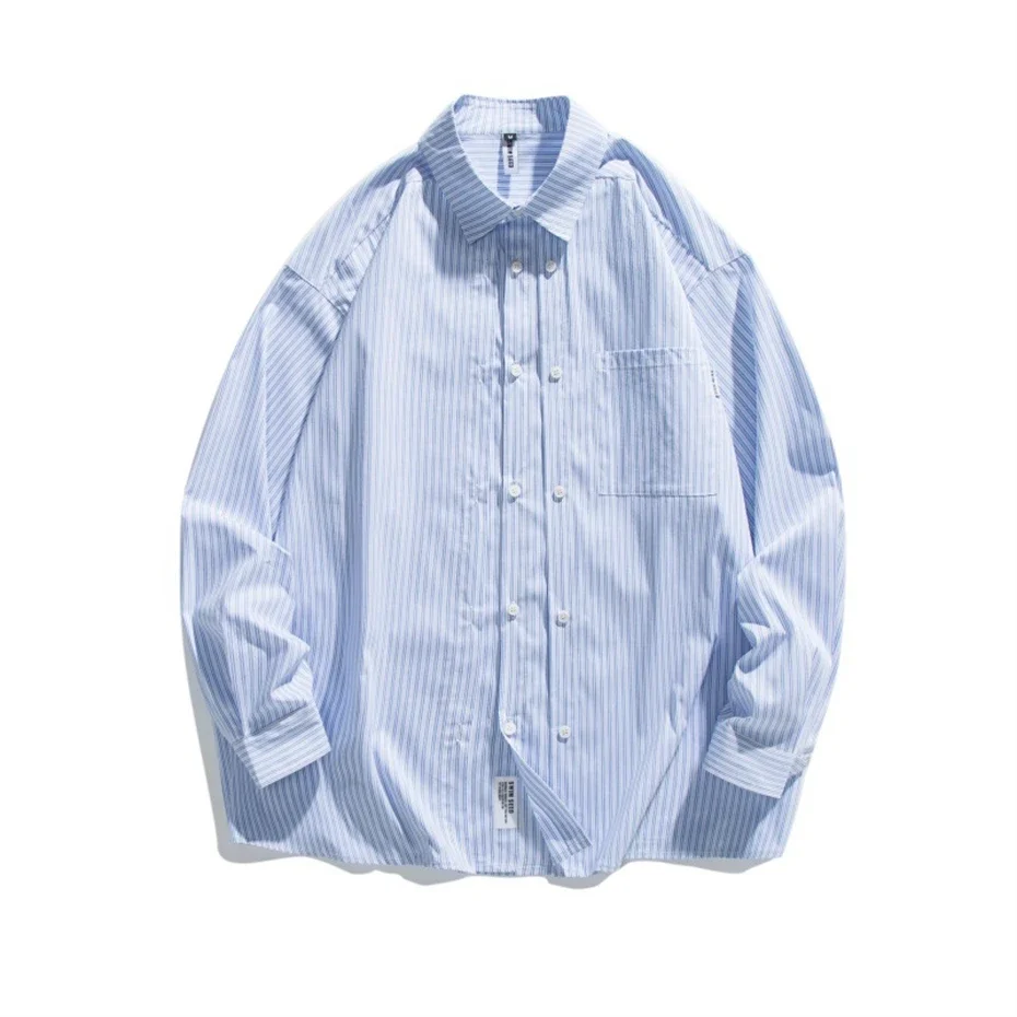 

Мужские полосатые рубашки с длинным рукавом, двубортная планка, свободная повседневная рубашка для мужчин, городская японская уличная рубашка-карго, блузка