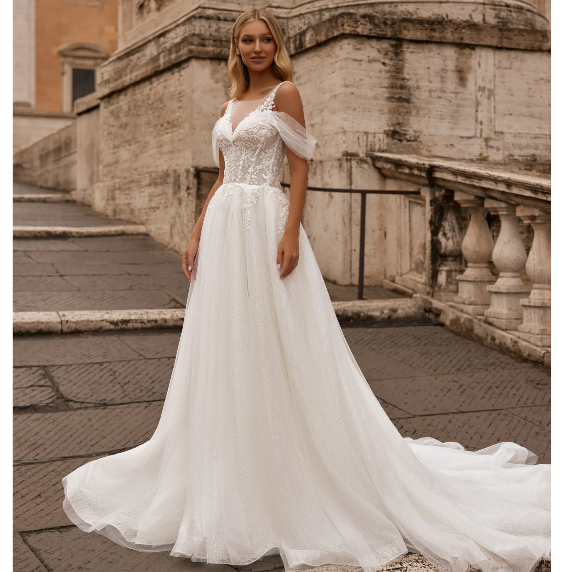 Customized White Wedding Dresses for Women Illusion Lace Appliques Vestidos de Novia Boda Civil  Beach Robes de Fiesta Elegantes
