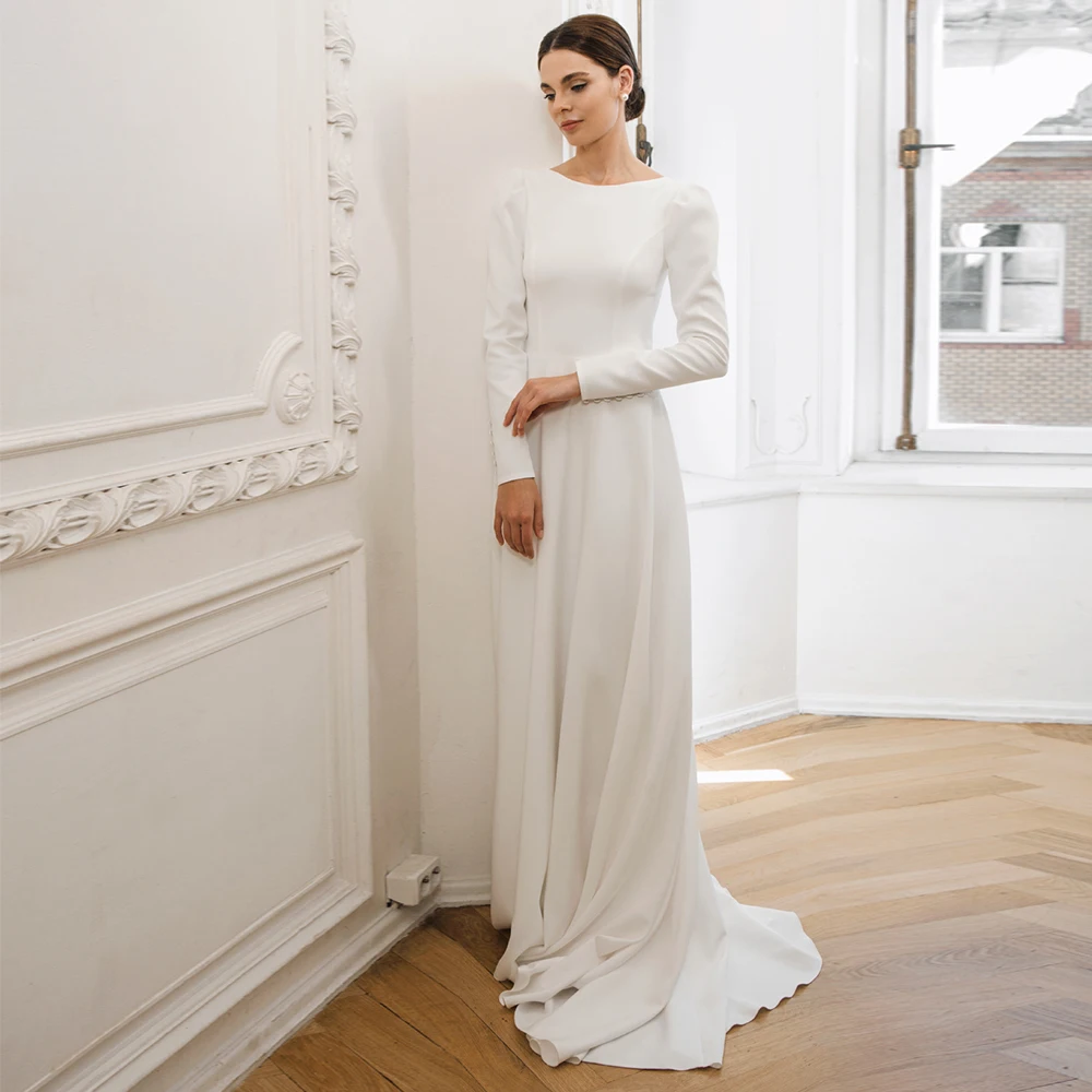 

Modest Women A-Line Jersey Wedding Dress with Sweep Train Customized Long Sleeves Civil Bridal Gowns Vestido De Novia 2026