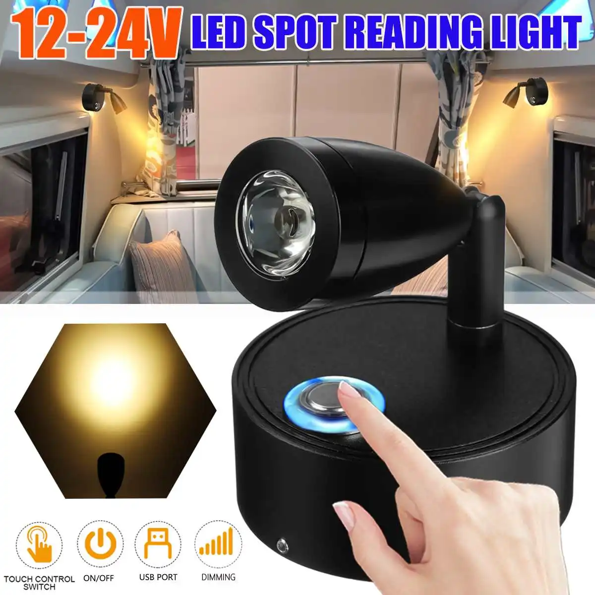 12V-24V LED Touch Dimming RV Reading Light USB Interface Wall Mounted Wall Lamp Boat Light Bedside Camper Trailer Motorhom