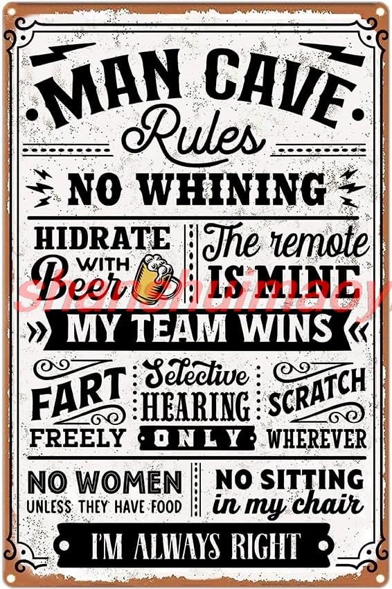 Man Cave Rules Sign Funny Man Cave Decor Retro Metal Tin Signs Mancave Stuff for Men Room Bar Wall Decoration 8x12 Inches KMN