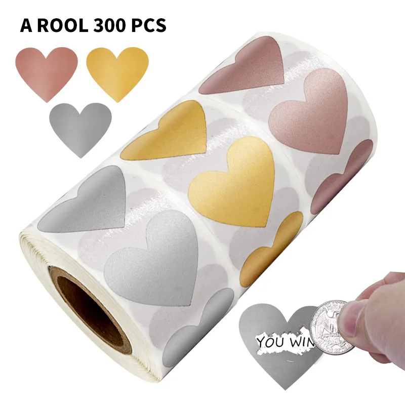 Autocollants à gratter en forme de cœur, 3 couleurs, 300 pièces, étiquettes de récompense pour jeux, papeterie faite à la main, autocollants décoratifs