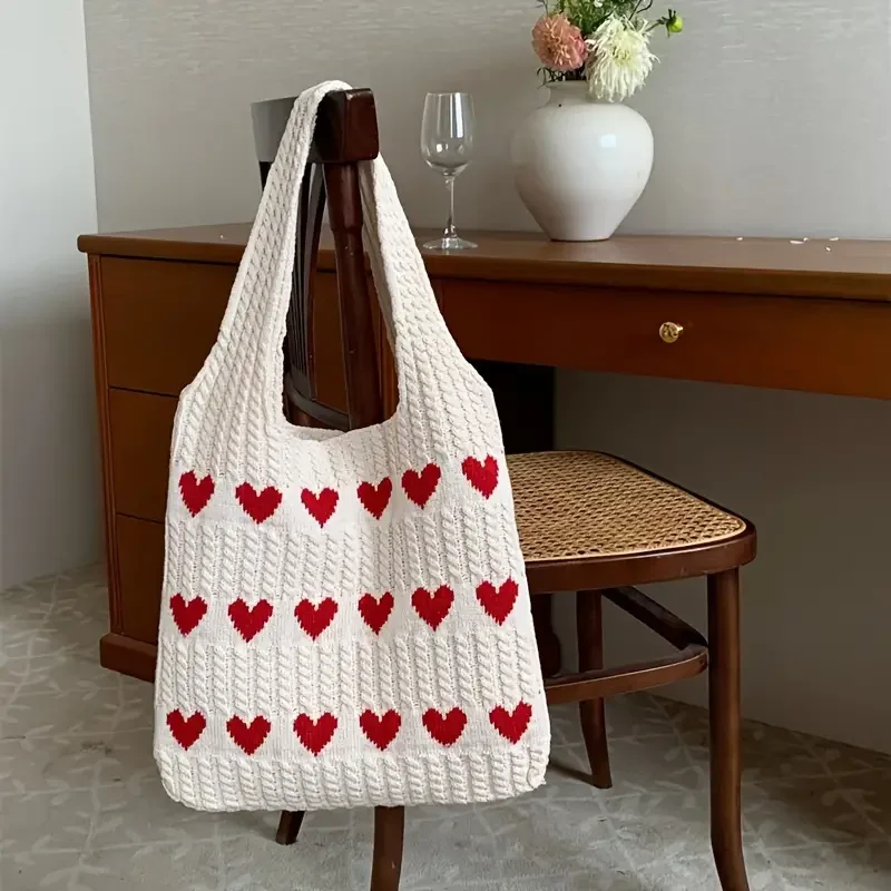 

Handmade Large Capacity Knitted Bag Women's Summer Woolen Crochet Handbag Heart Pattern Tote Bags Bag Love Shoulder Purse
