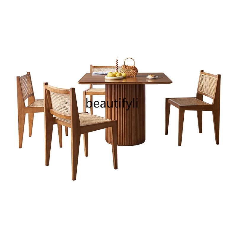 Wood Rattan Woven Dining Tables and Chairs Set Small Apartment Household Minimalist Restaurant B & B Square Dining Table